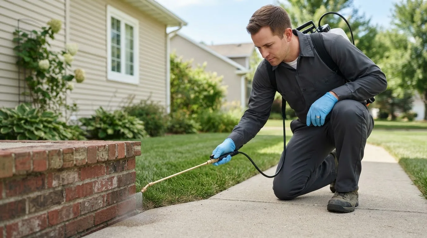 Pest control technician treating a home near Pollok, TX