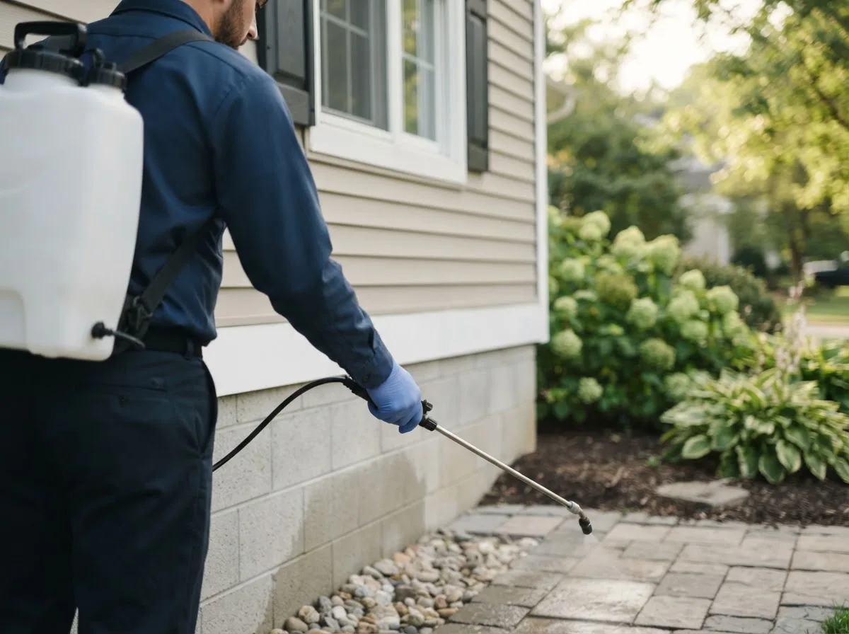 Pest control technician inspecting a home in Pollok, TX